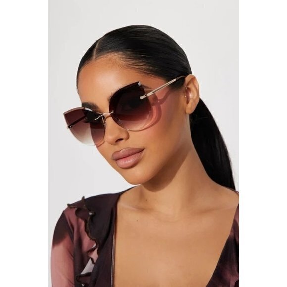 Catch Me Tonight Cat Eye‎ Frame Rimless Sunglasses Brown main image 5